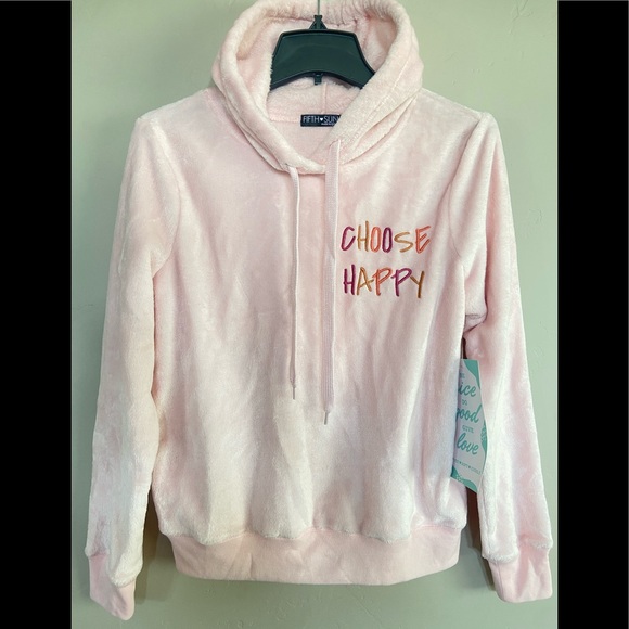 NEW Fifth Sun Women’s Pullover Fleece Sherpa ‘Choose Happy’ Hooded Hoodie Pink M - Picture 4 of 6